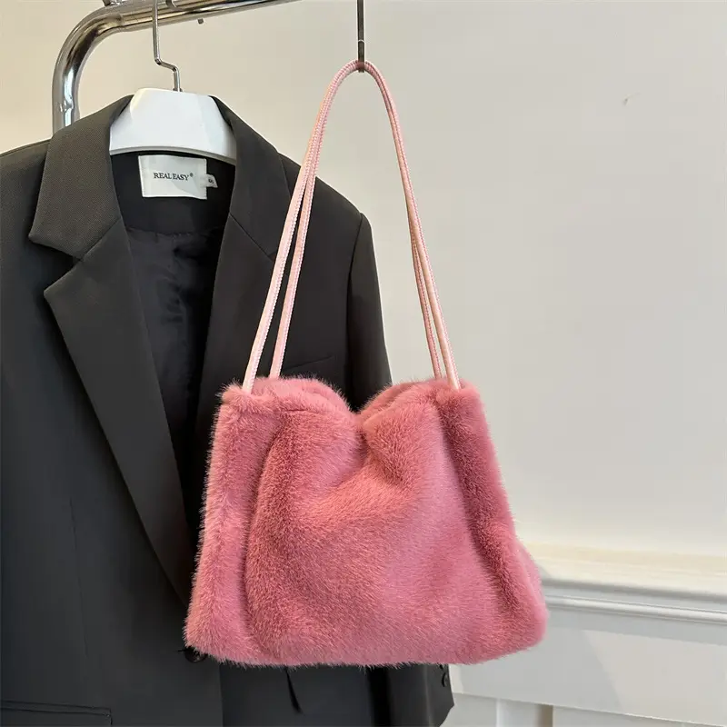 Pink Faux Fur Shoulder Bag for Women 2024 Winter - Image 10