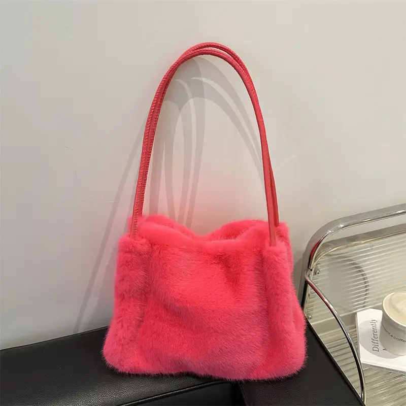 Pink Faux Fur Shoulder Bag for Women 2024 Winter - Image 3