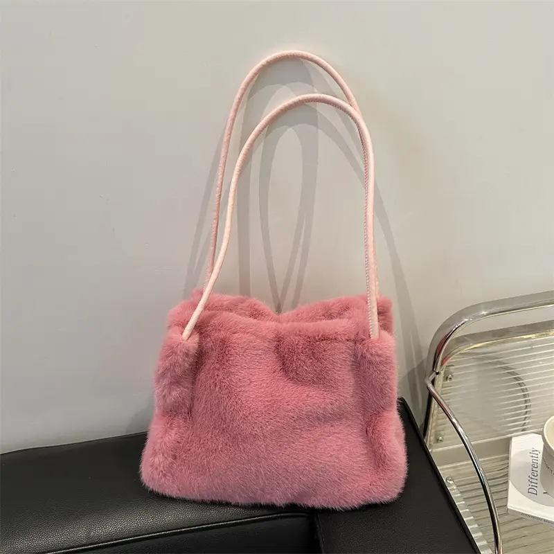 Pink Faux Fur Shoulder Bag for Women 2024 Winter - Image 4