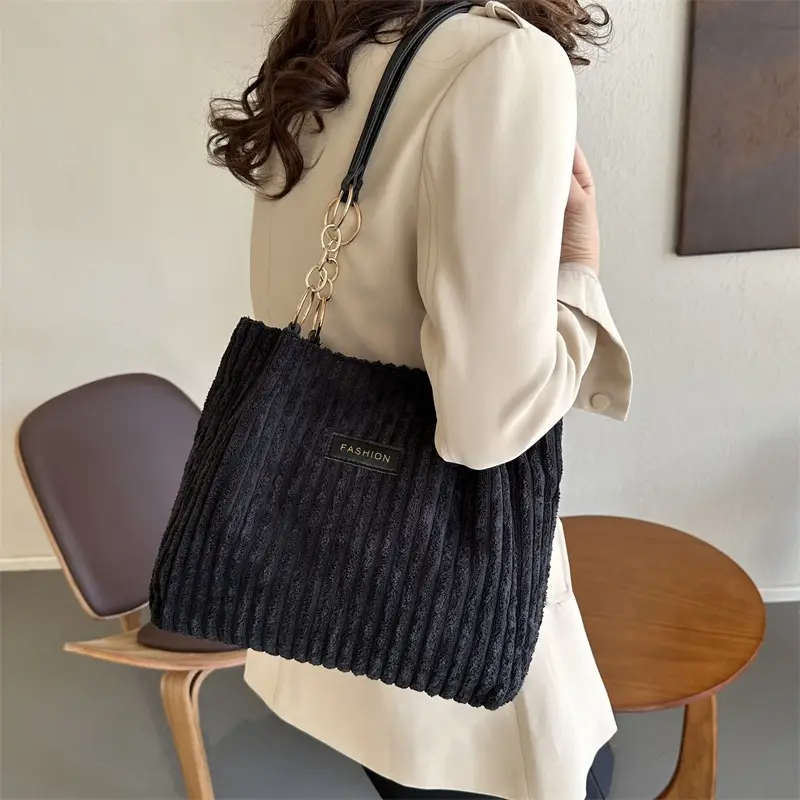 Light Grey Ribbed Shoulder Bag for Women