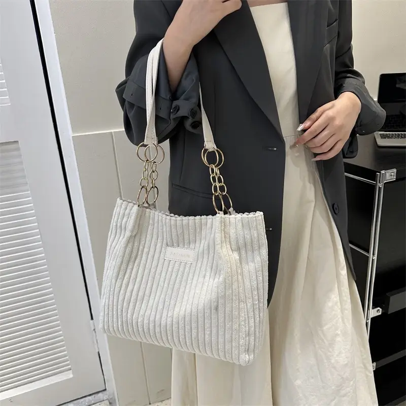Light Grey Ribbed Shoulder Bag for Women