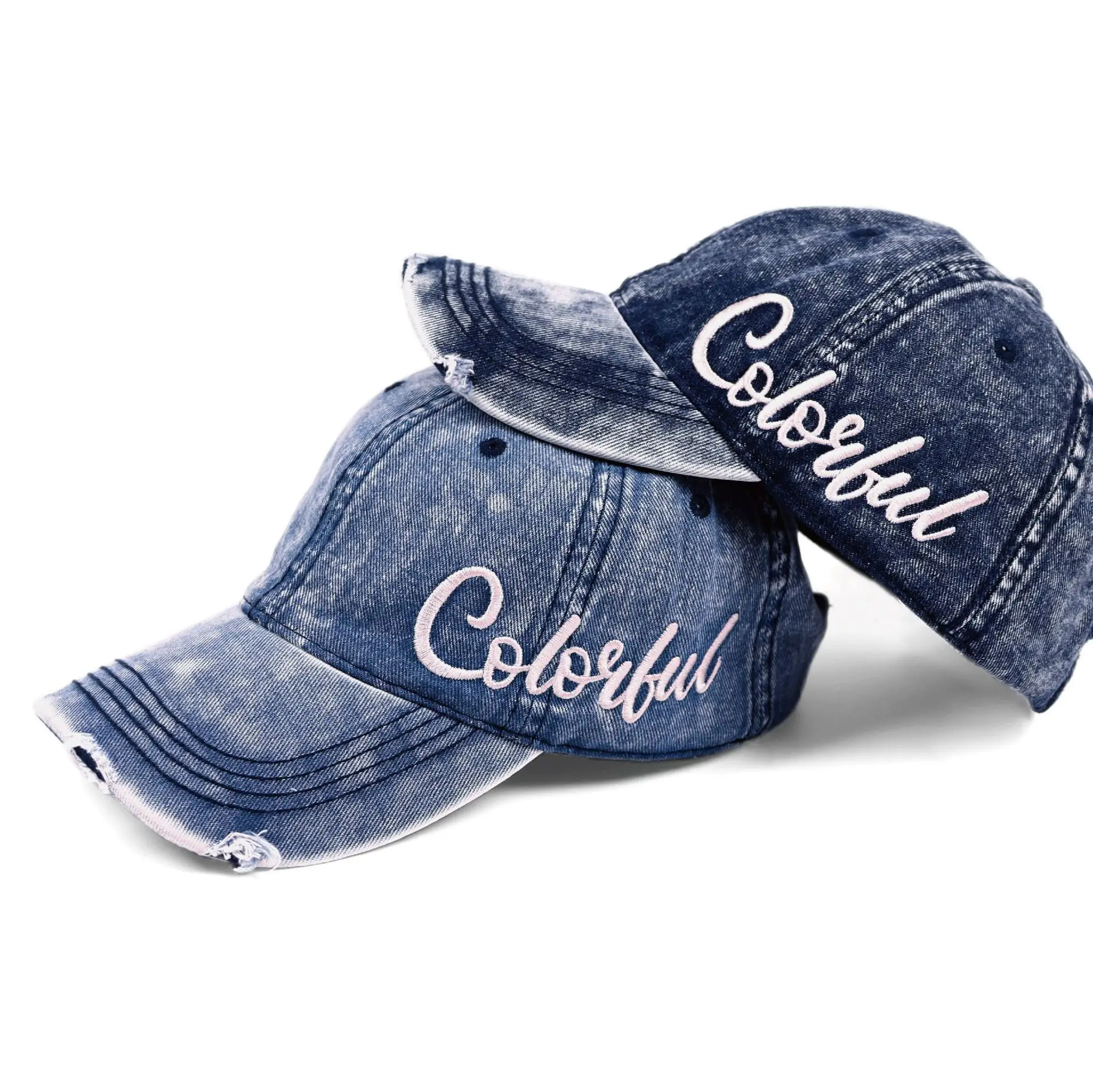 Women Denim Washed Cap with "Colorful" Embroidery