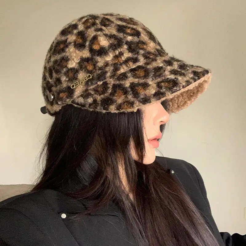 Leopard Print Women's Winter Plush Fisherman Hat