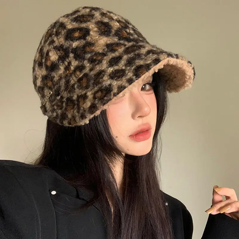 Leopard Print Women's Winter Plush Fisherman Hat