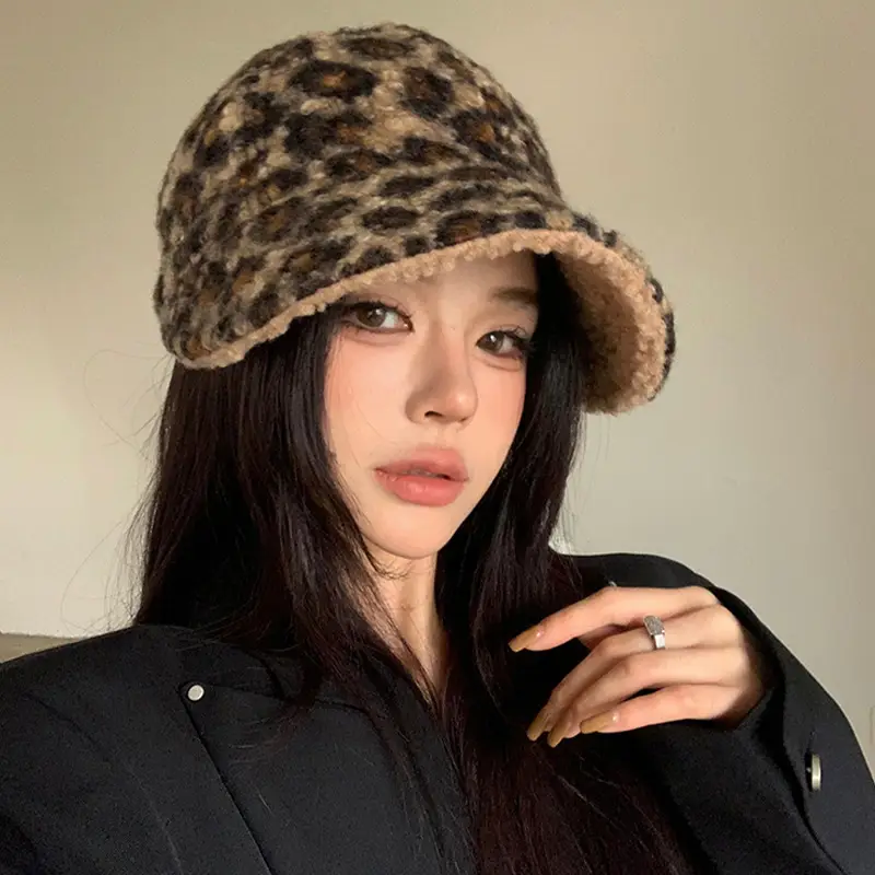Leopard Print Women's Winter Plush Fisherman Hat
