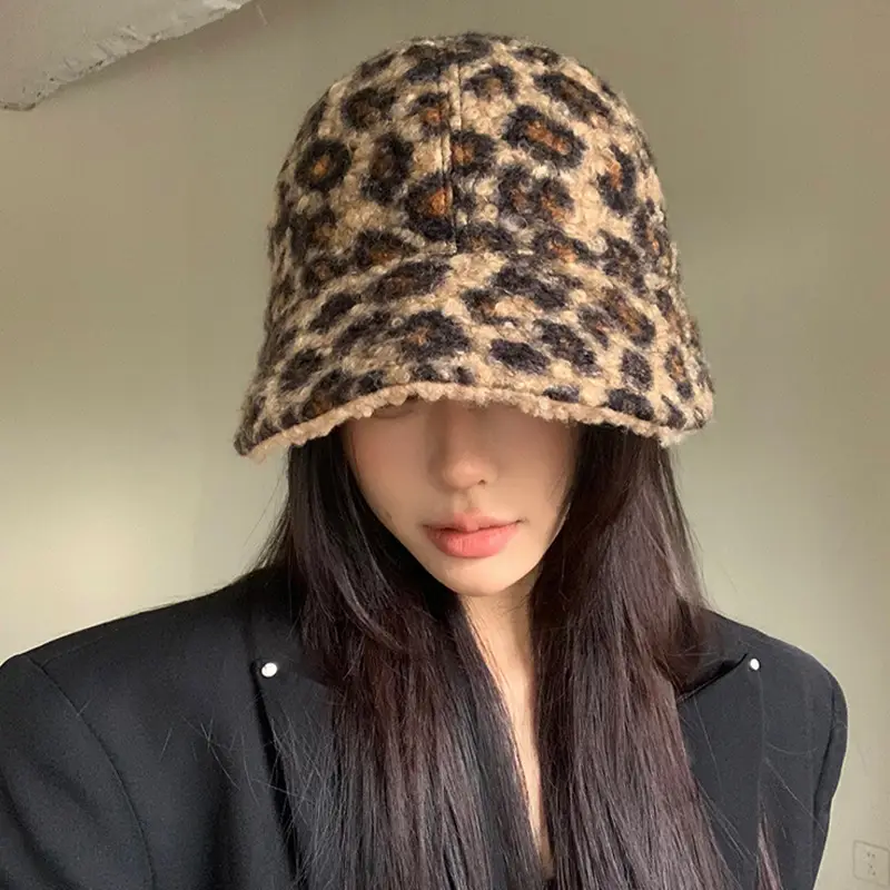 Leopard Print Women's Winter Plush Fisherman Hat