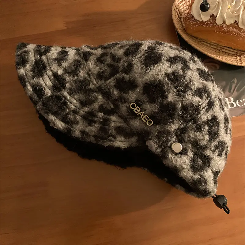 Leopard Print Women's Winter Plush Fisherman Hat