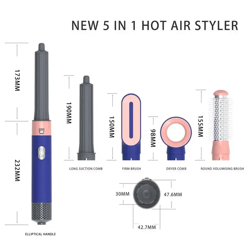5-in-1 Self-Curling Hair Comb & Dryer Blue - Image 6