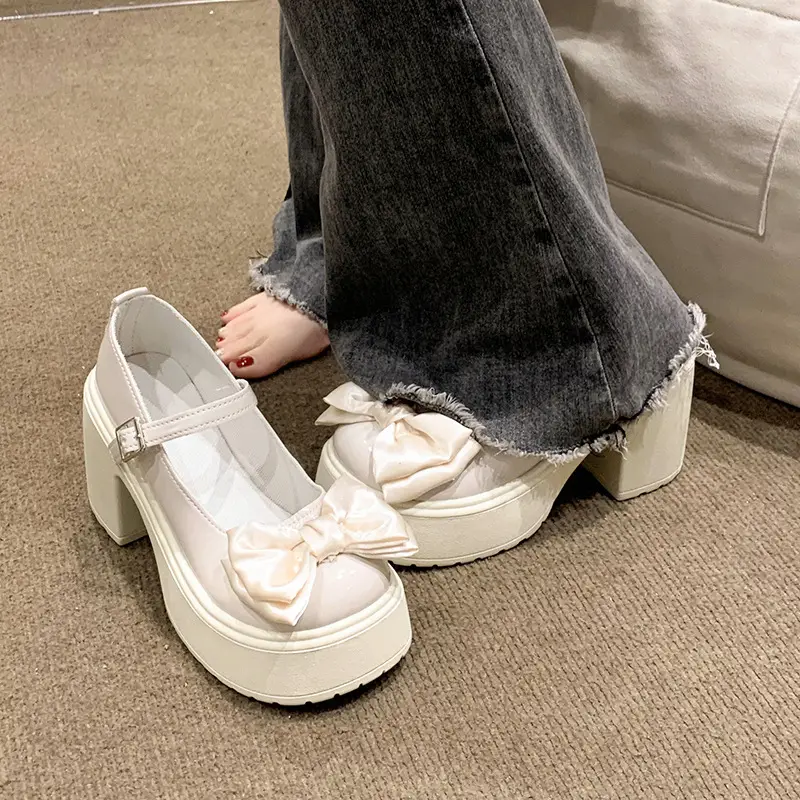 Mary Jane Shoes Women's 2023 Autumn and Winter New Round Toe Strap Bow Small Leather Shoes Thick Heel Thick Soled High Heels - Image 4
