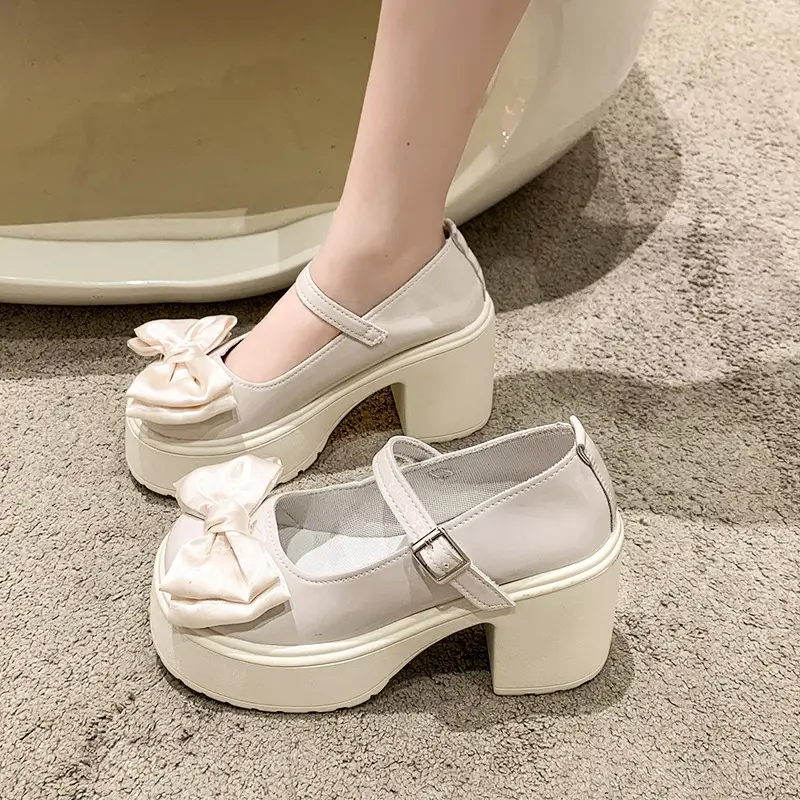 Mary Jane Shoes Women's 2023 Autumn and Winter New Round Toe Strap Bow Small Leather Shoes Thick Heel Thick Soled High Heels - Image 5