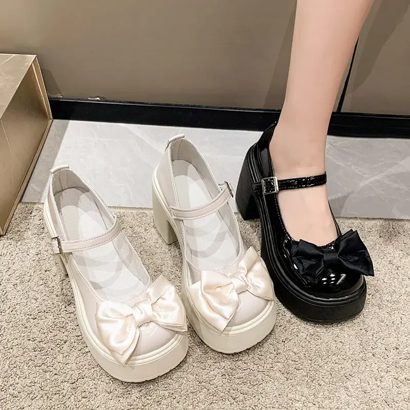 Mary Jane Shoes Women's 2023 Autumn and Winter New Round Toe Strap Bow Small Leather Shoes Thick Heel Thick Soled High Heels - Image 6