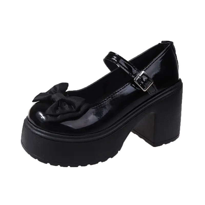 Mary Jane Shoes Women's 2023 Autumn and Winter New Round Toe Strap Bow Small Leather Shoes Thick Heel Thick Soled High Heels - Image 7