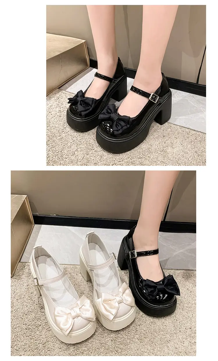 Mary Jane Shoes Women's 2023 Autumn and Winter New Round Toe Strap Bow Small Leather Shoes Thick Heel Thick Soled High Heels — feature 10