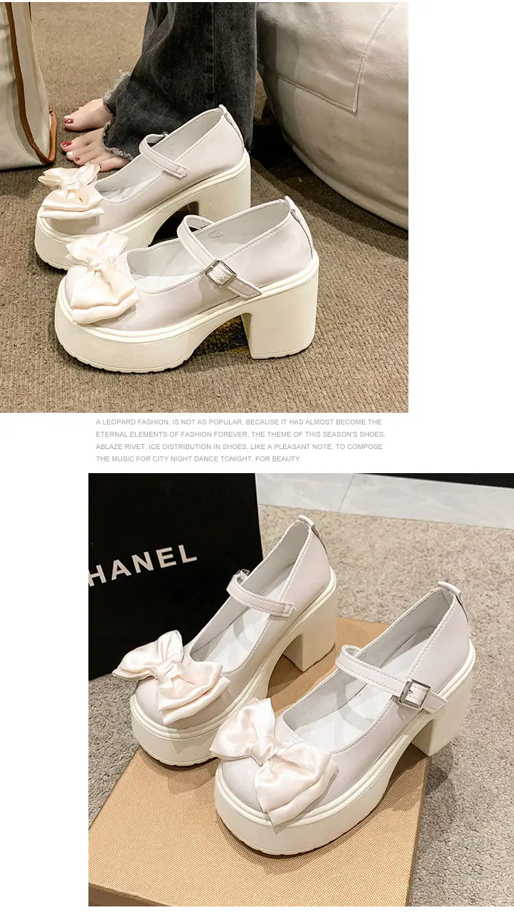 Mary Jane Shoes Women's 2023 Autumn and Winter New Round Toe Strap Bow Small Leather Shoes Thick Heel Thick Soled High Heels — feature 12