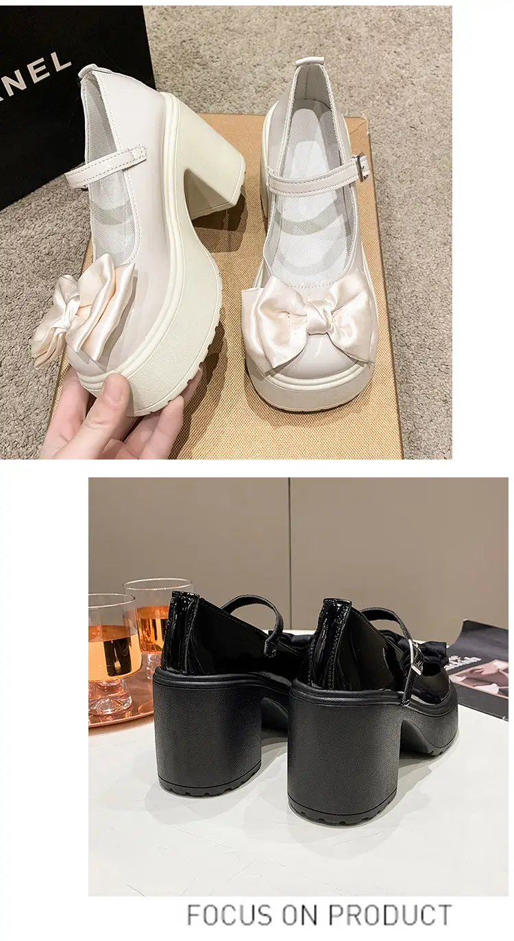 Mary Jane Shoes Women's 2023 Autumn and Winter New Round Toe Strap Bow Small Leather Shoes Thick Heel Thick Soled High Heels — feature 13
