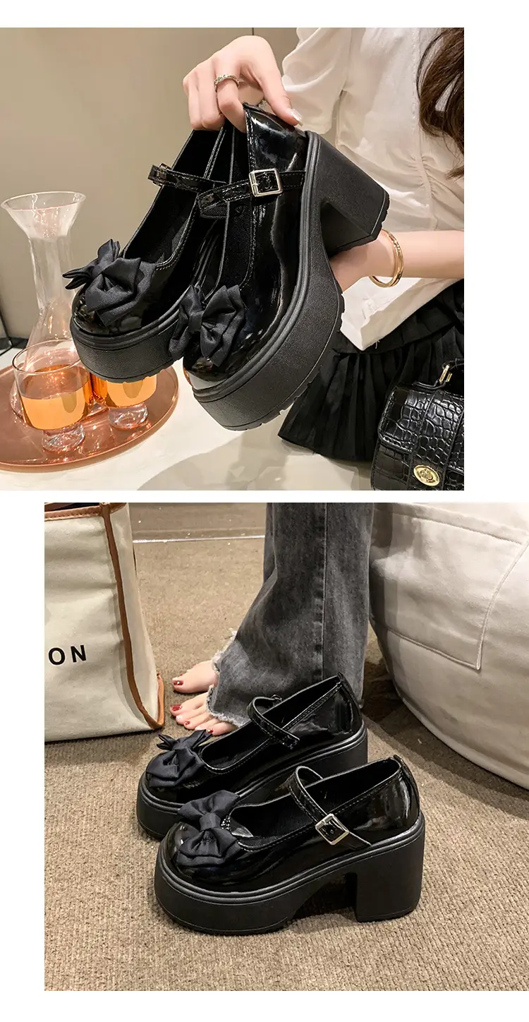 Mary Jane Shoes Women's 2023 Autumn and Winter New Round Toe Strap Bow Small Leather Shoes Thick Heel Thick Soled High Heels — feature 14