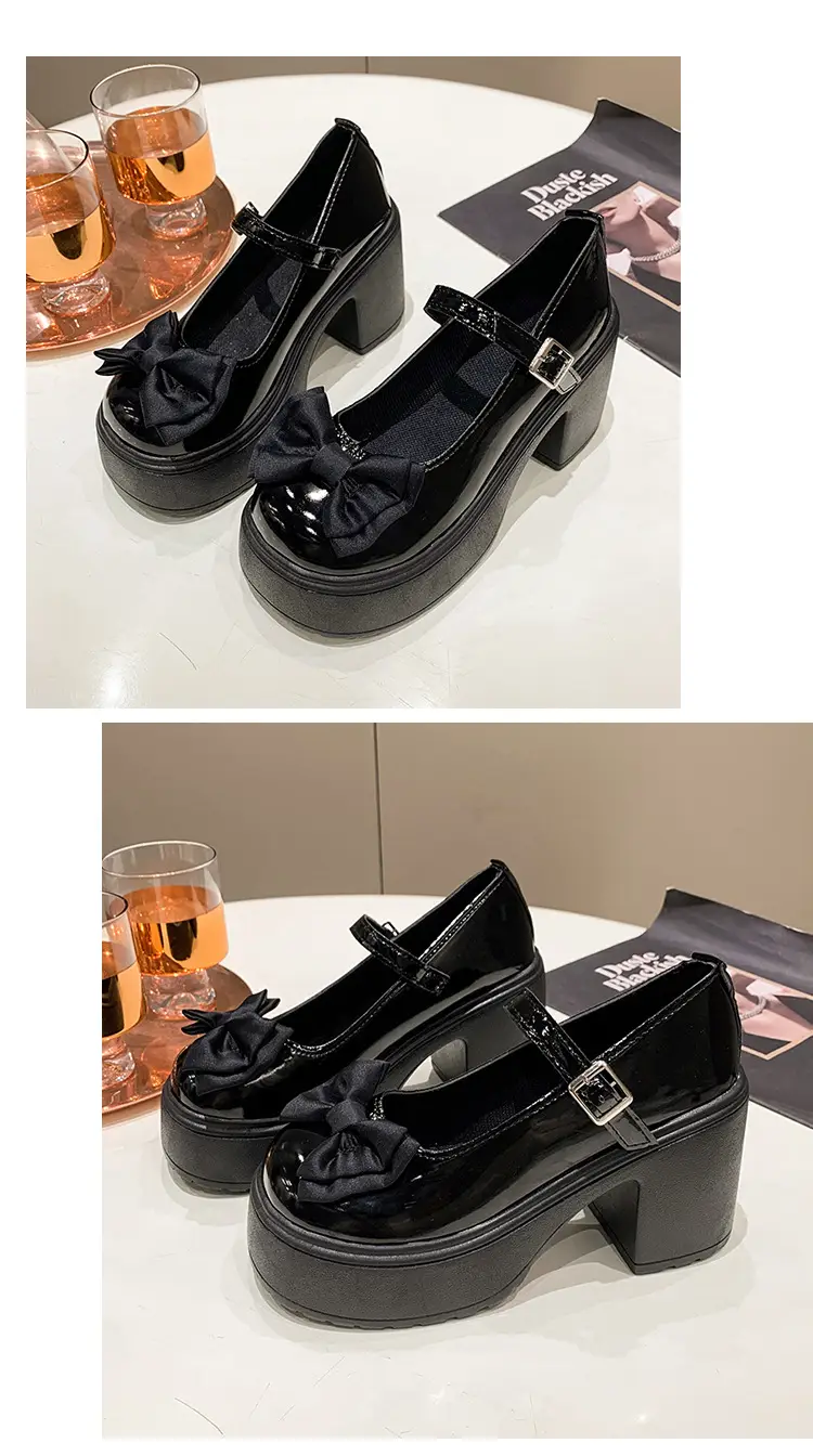 Mary Jane Shoes Women's 2023 Autumn and Winter New Round Toe Strap Bow Small Leather Shoes Thick Heel Thick Soled High Heels — feature 15