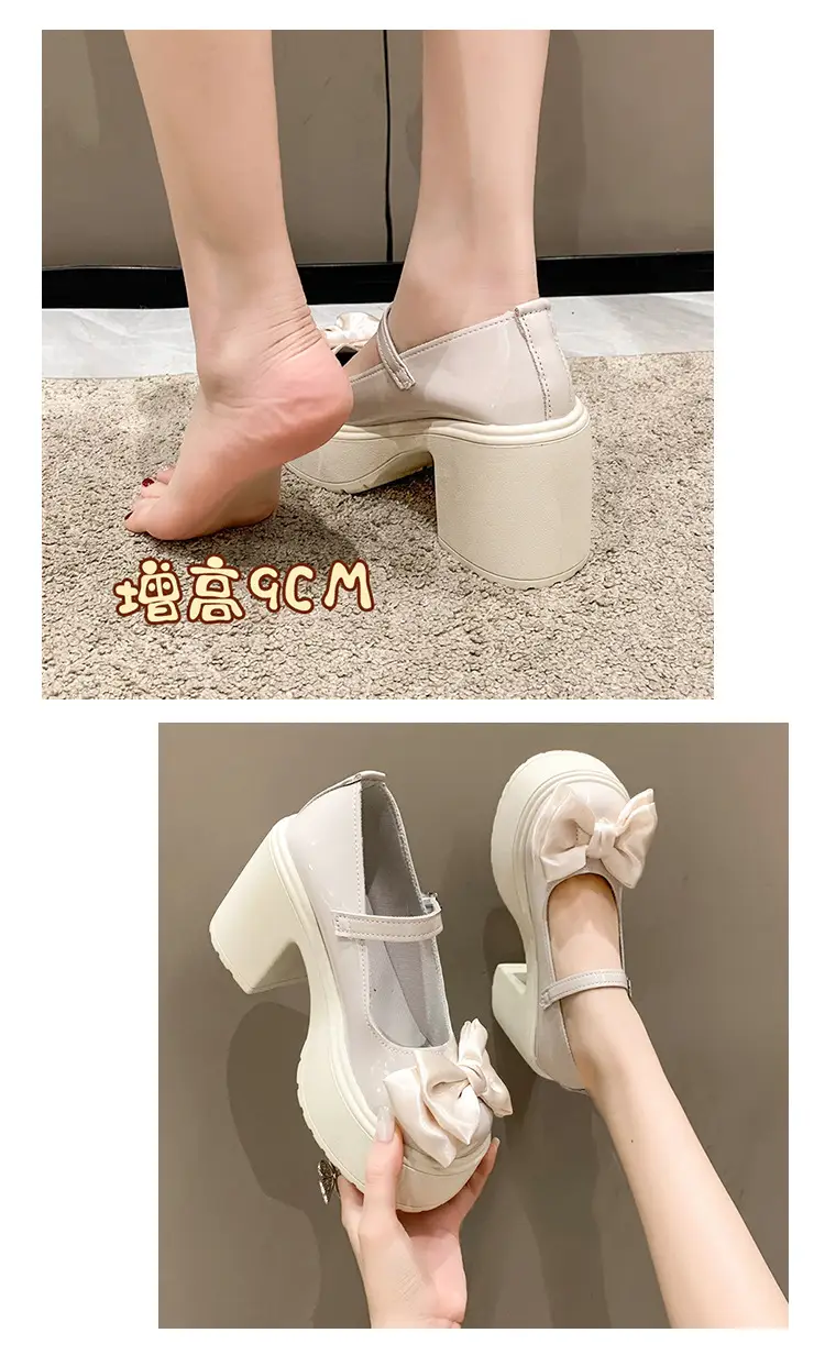 Mary Jane Shoes Women's 2023 Autumn and Winter New Round Toe Strap Bow Small Leather Shoes Thick Heel Thick Soled High Heels — feature 3