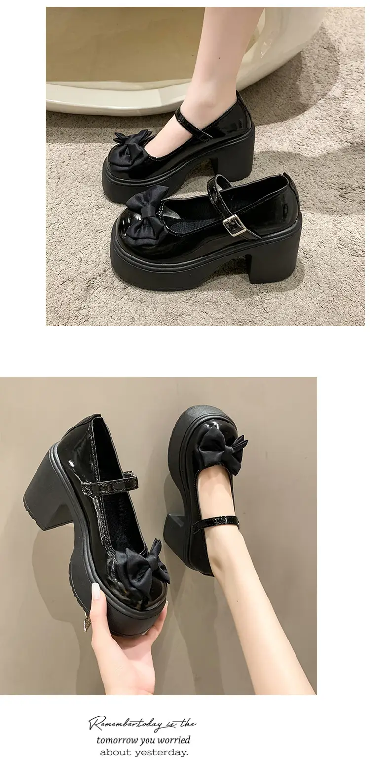 Mary Jane Shoes Women's 2023 Autumn and Winter New Round Toe Strap Bow Small Leather Shoes Thick Heel Thick Soled High Heels — feature 8