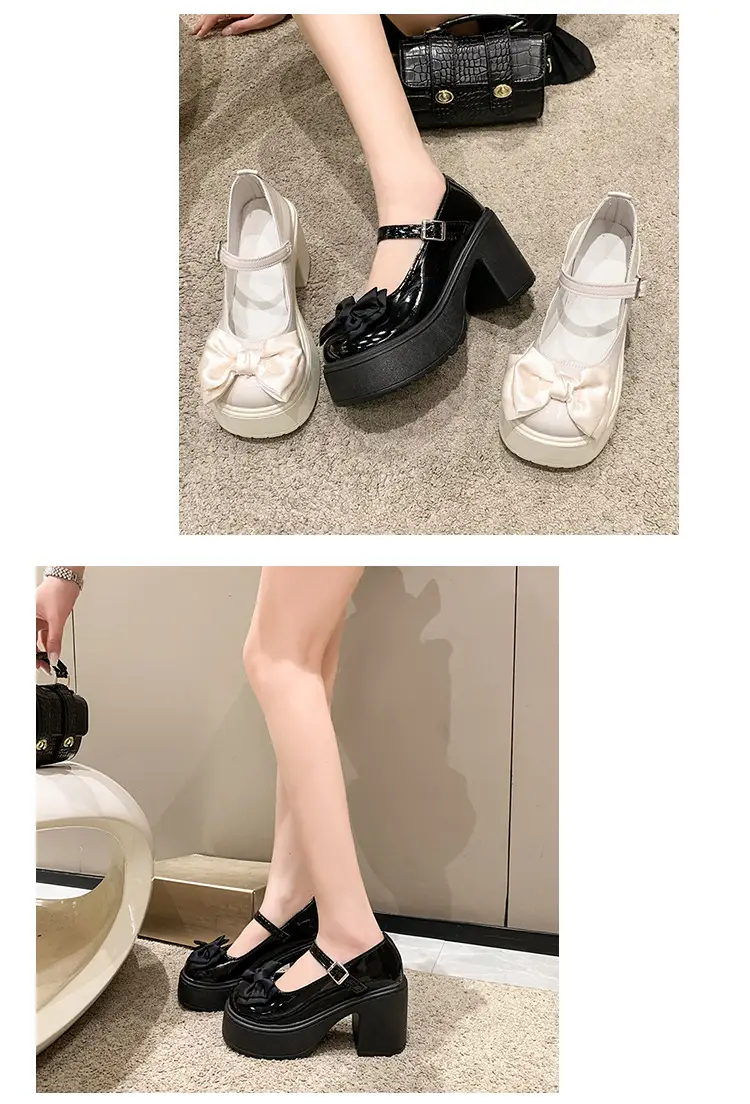 Mary Jane Shoes Women's 2023 Autumn and Winter New Round Toe Strap Bow Small Leather Shoes Thick Heel Thick Soled High Heels — feature 9