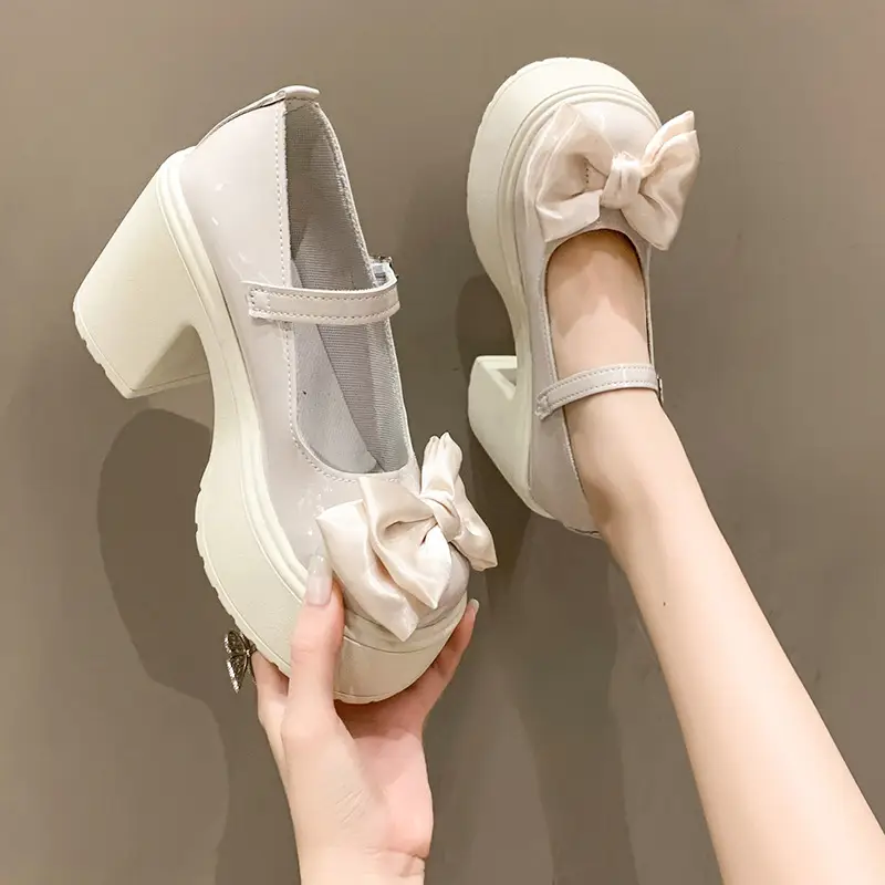 Mary Jane Shoes Women's 2023 Autumn and Winter New Round Toe Strap Bow Small Leather Shoes Thick Heel Thick Soled High Heels - Image 2