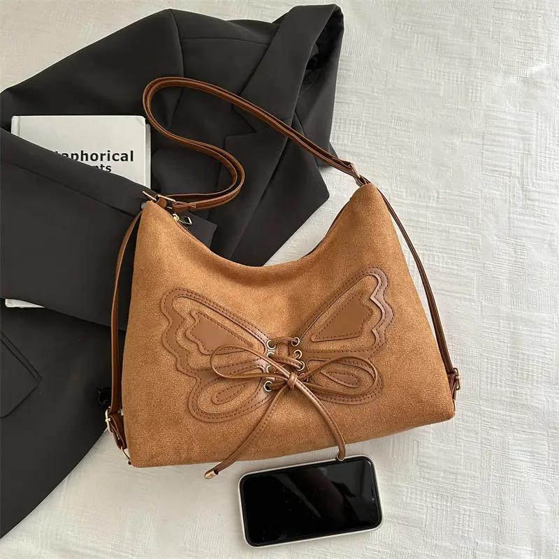 Women's Butterfly Embroidered Throw Tote Bag Brown Black Tan Large Capacity Bow Shoulder Crossbody Multi-purpose Bag - Image 5