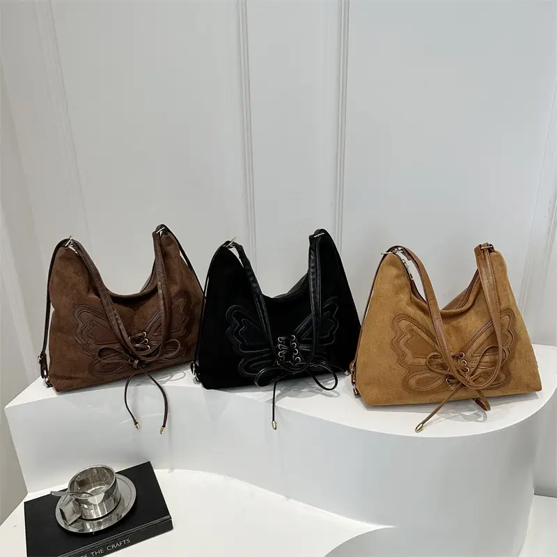 Women's Butterfly Embroidered Throw Tote Bag Brown Black Tan Large Capacity Bow Shoulder Crossbody Multi-purpose Bag - Image 7