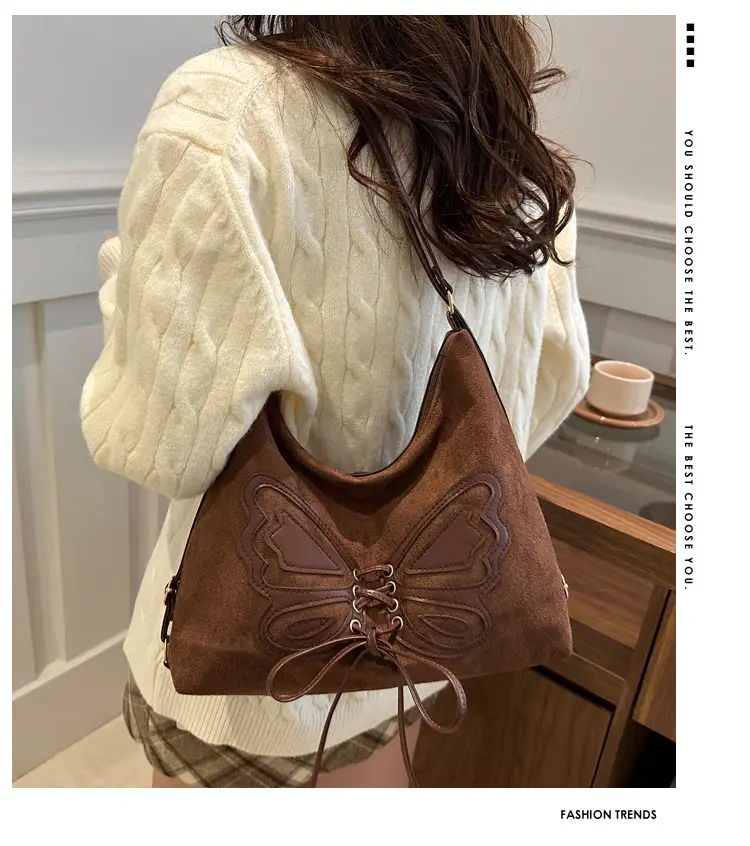 Women's Butterfly Embroidered Throw Tote Bag Brown Black Tan Large Capacity Bow Shoulder Crossbody Multi-purpose Bag — feature 1