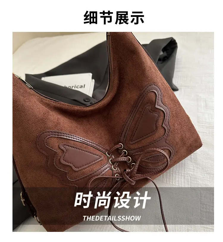 Women's Butterfly Embroidered Throw Tote Bag Brown Black Tan Large Capacity Bow Shoulder Crossbody Multi-purpose Bag — feature 3