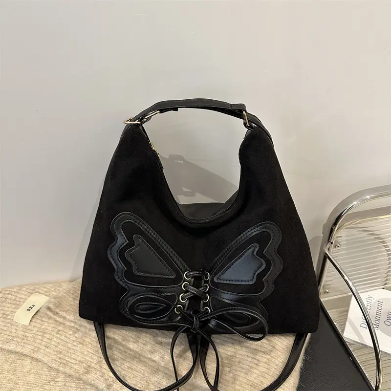 Women's Butterfly Embroidered Throw Tote Bag Brown Black Tan Large Capacity Bow Shoulder Crossbody Multi-purpose Bag - Image 2