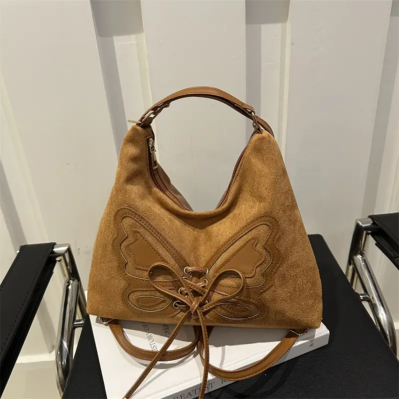 Women's Butterfly Embroidered Throw Tote Bag Brown Black Tan Large Capacity Bow Shoulder Crossbody Multi-purpose Bag - Image 3