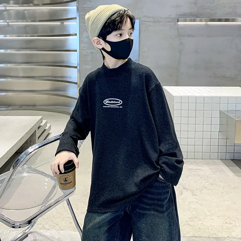 Children's Velvet T-Shirt Black Fleece Warm Winter Top - Image 4
