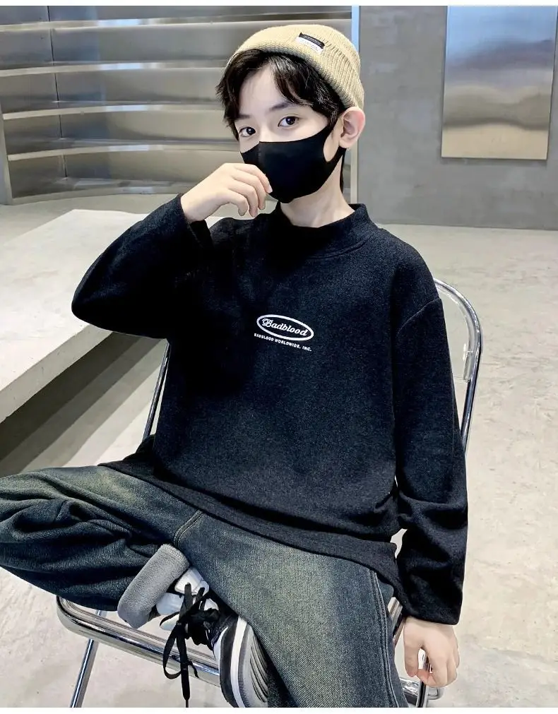 Children's Velvet T-Shirt Black Fleece Warm Winter Top — feature 11