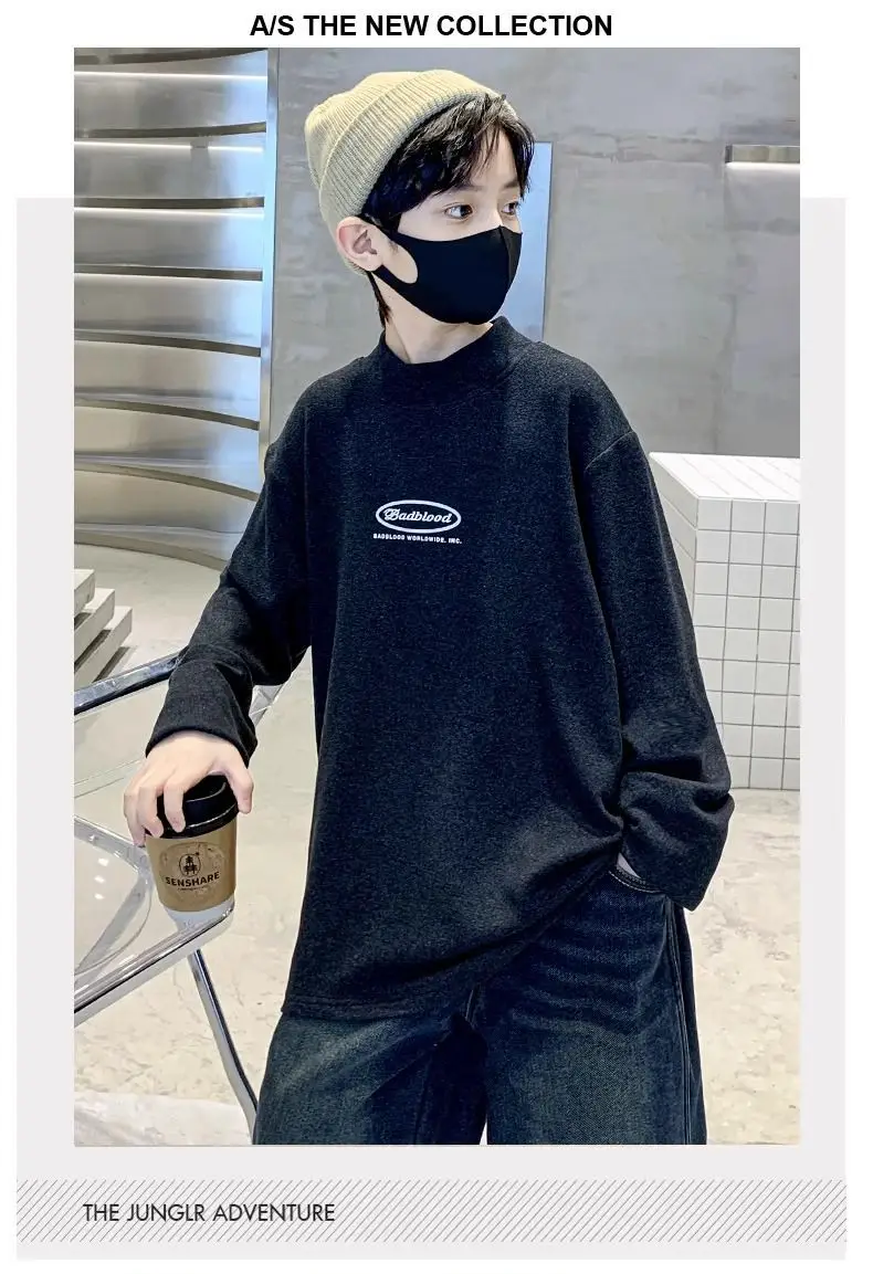 Children's Velvet T-Shirt Black Fleece Warm Winter Top — feature 12