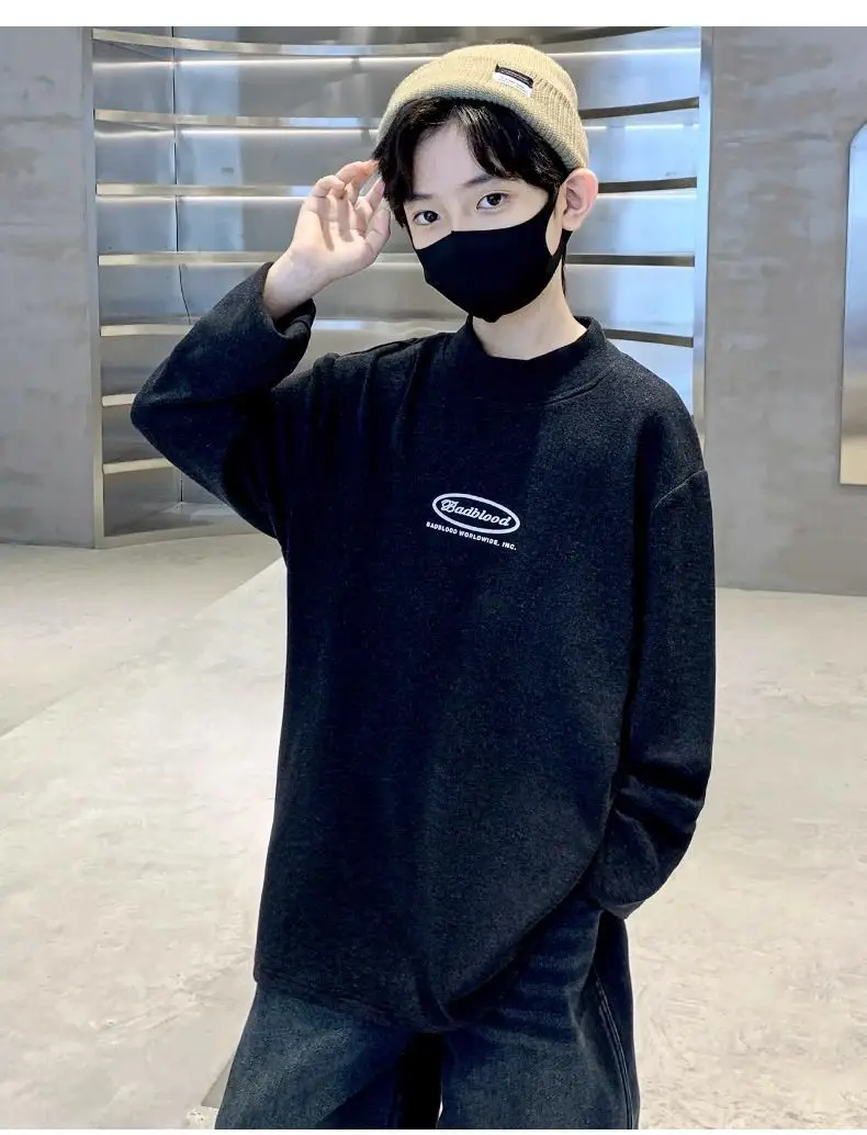 Children's Velvet T-Shirt Black Fleece Warm Winter Top — feature 13