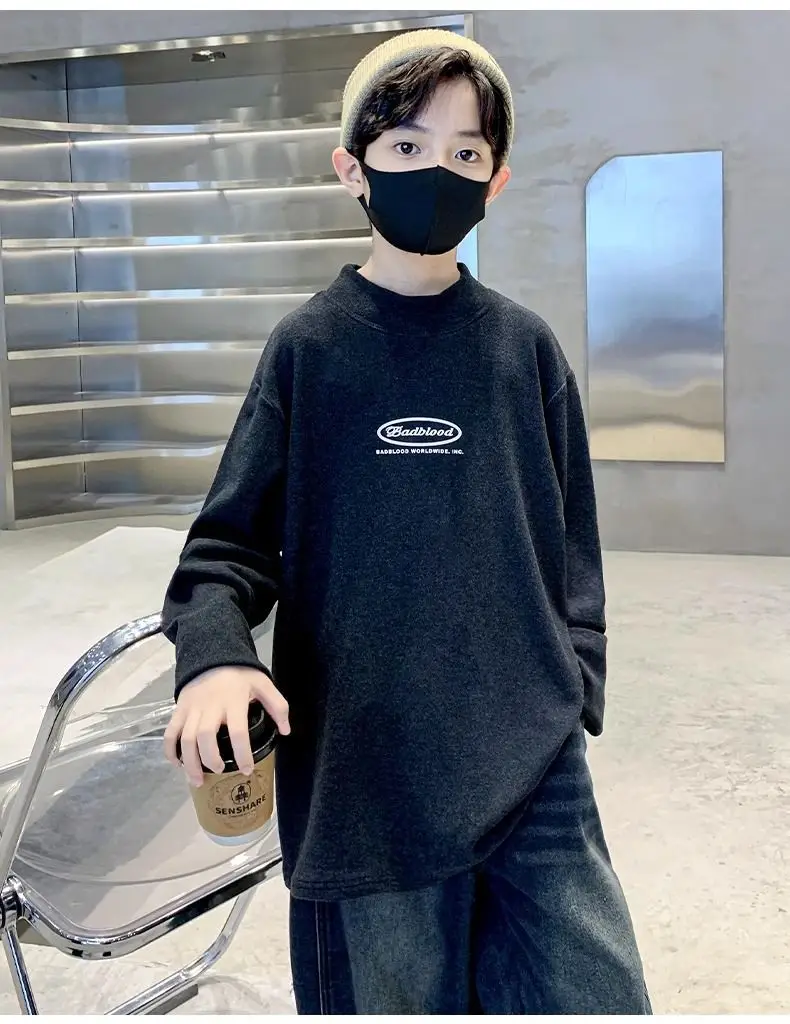 Children's Velvet T-Shirt Black Fleece Warm Winter Top — feature 14