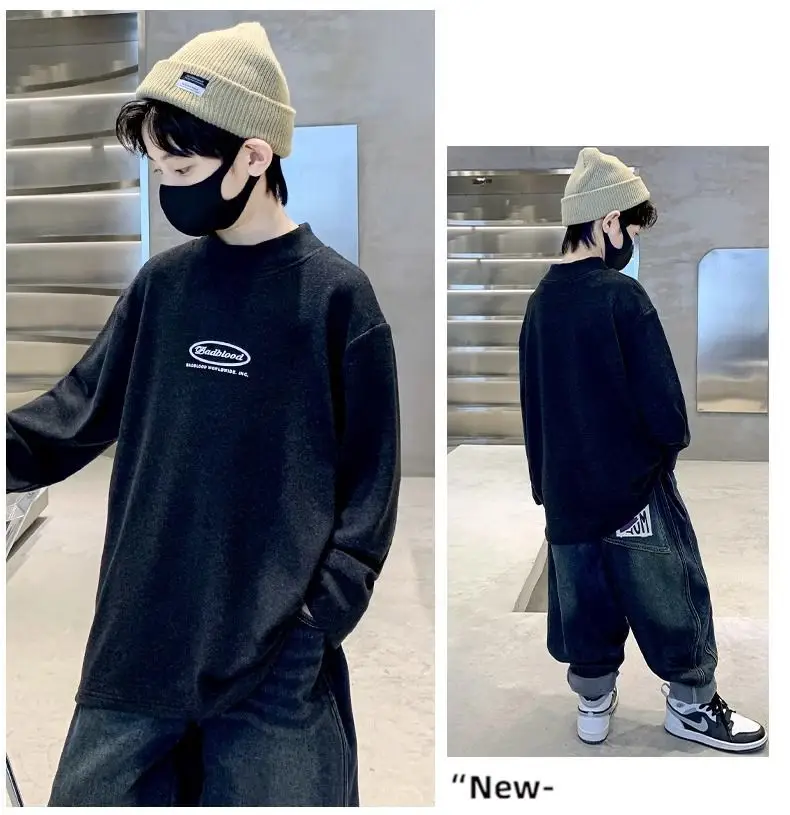 Children's Velvet T-Shirt Black Fleece Warm Winter Top — feature 15