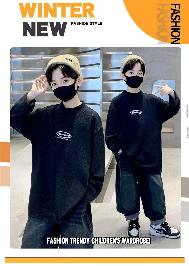 Children's Velvet T-Shirt Black Fleece Warm Winter Top — feature 2