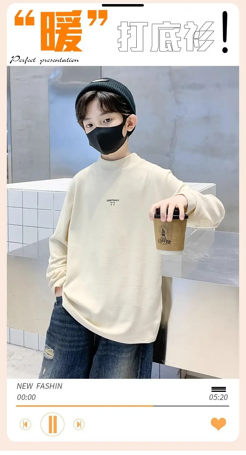 Children's Velvet T-Shirt Grey Boys Autumn Winter Warm Fleece Lined — feature 1