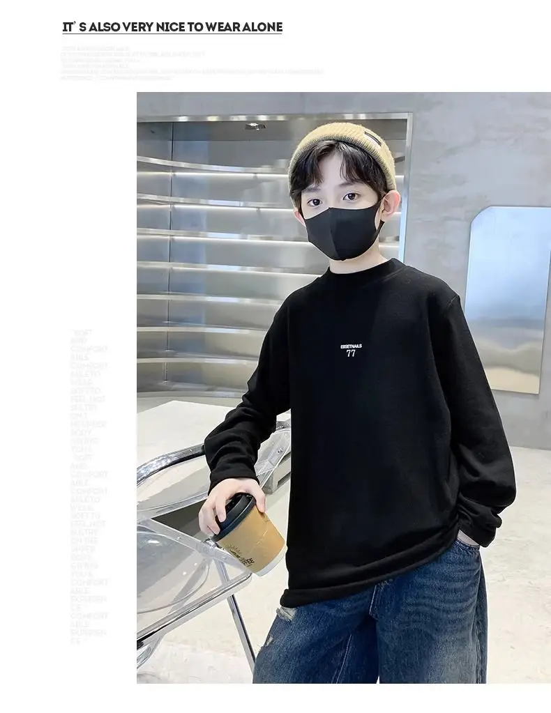 Children's Velvet T-Shirt Grey Boys Autumn Winter Warm Fleece Lined — feature 10