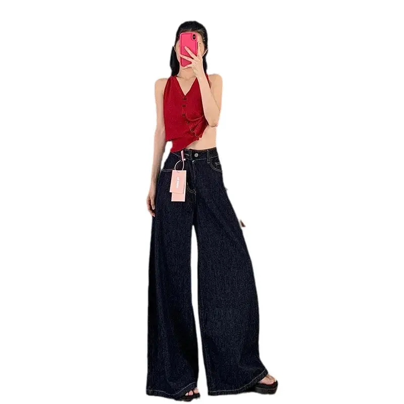 Dark Blue Wide Leg Jeans with High Waist Slim Fit - Image 6