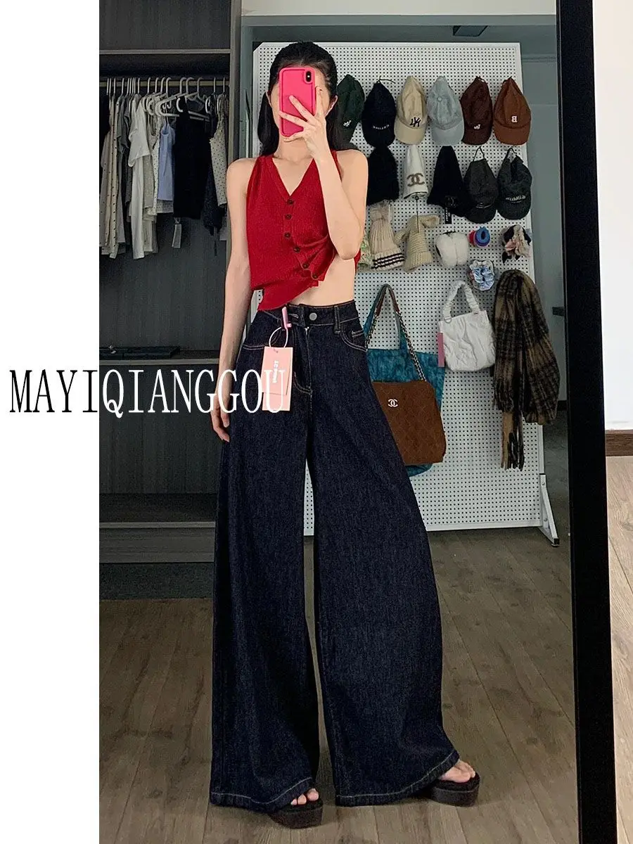 Dark Blue Wide Leg Jeans with High Waist Slim Fit — feature 2