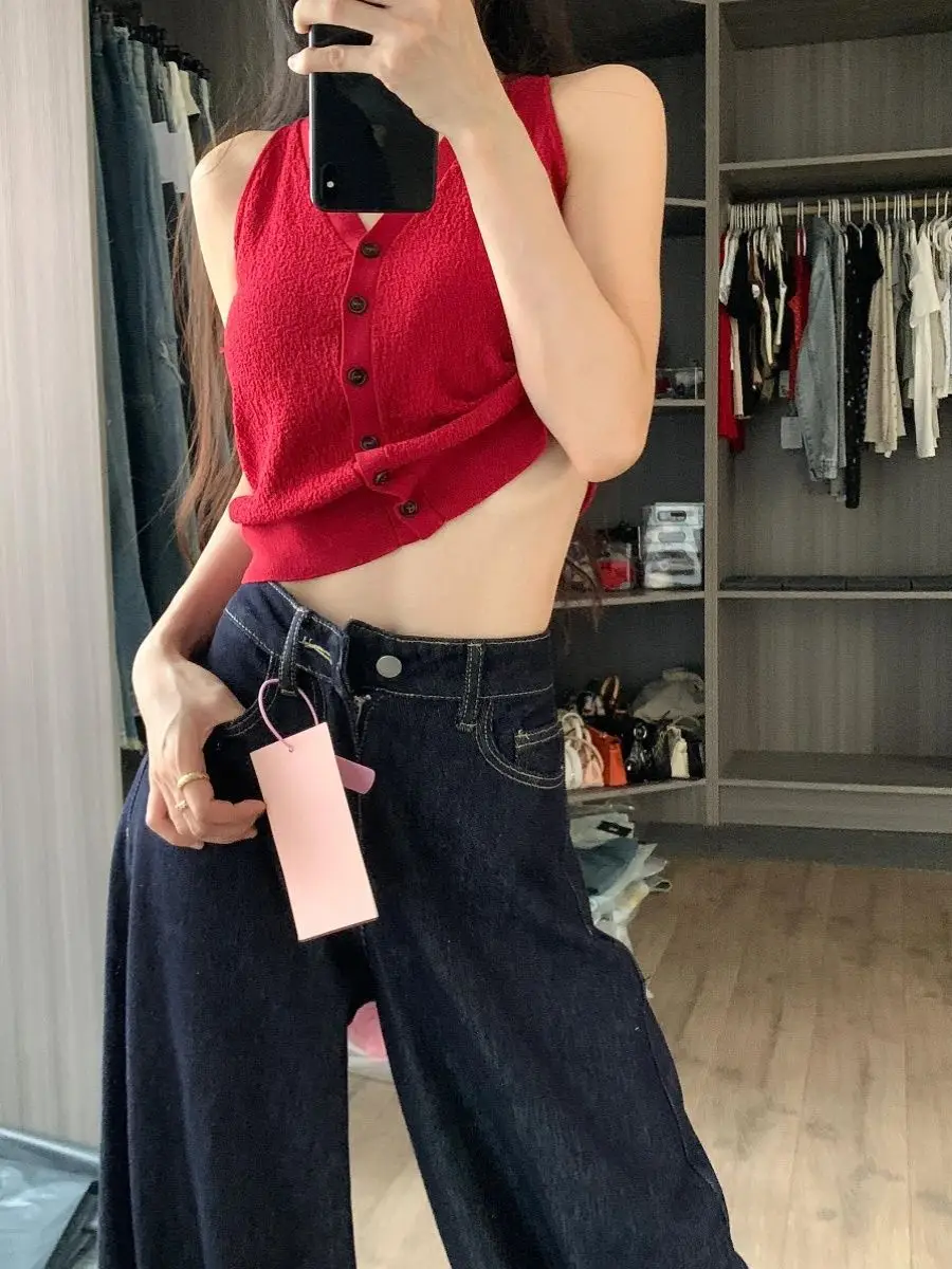 Dark Blue Wide Leg Jeans with High Waist Slim Fit — feature 5