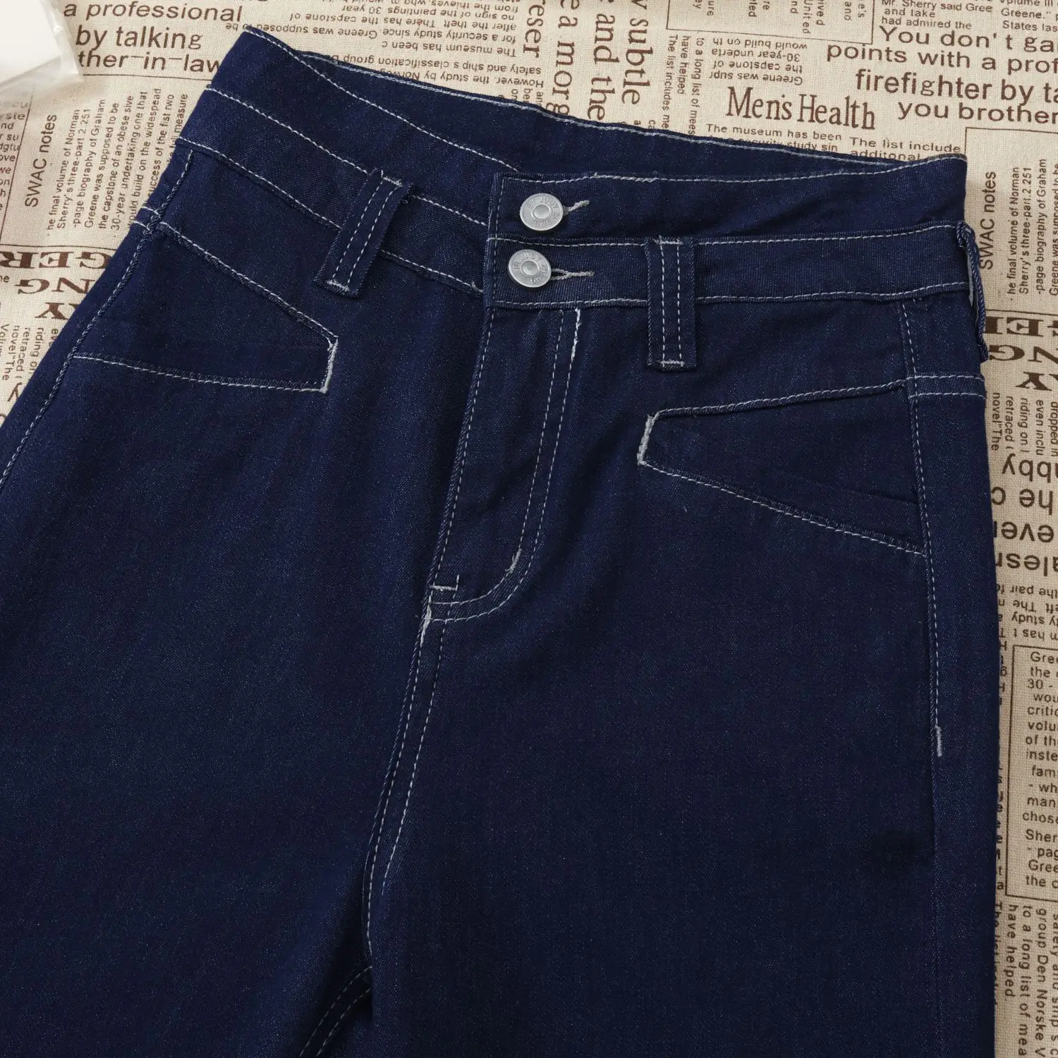 Women Wide Leg Jeans Double Buckle 2024 Navy