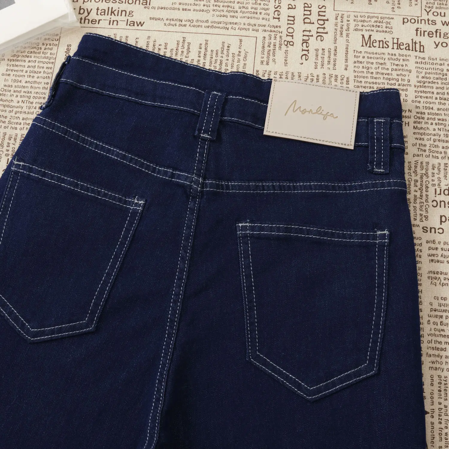 Women Wide Leg Jeans Double Buckle 2024 Navy
