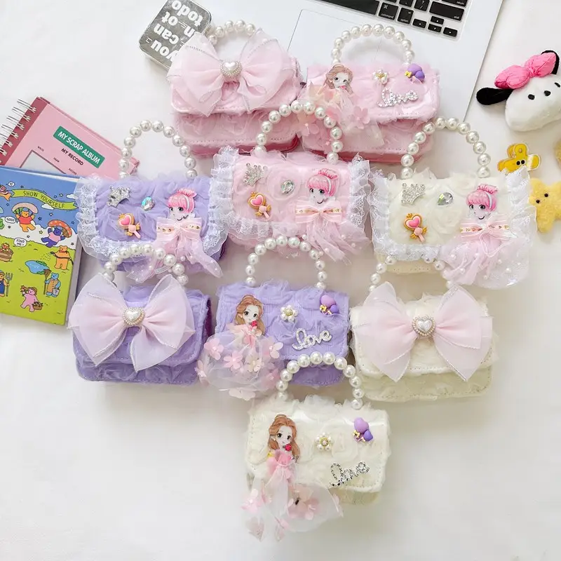 Princess Bow Handbag for Girls Purple Pearl Chain - Image 11
