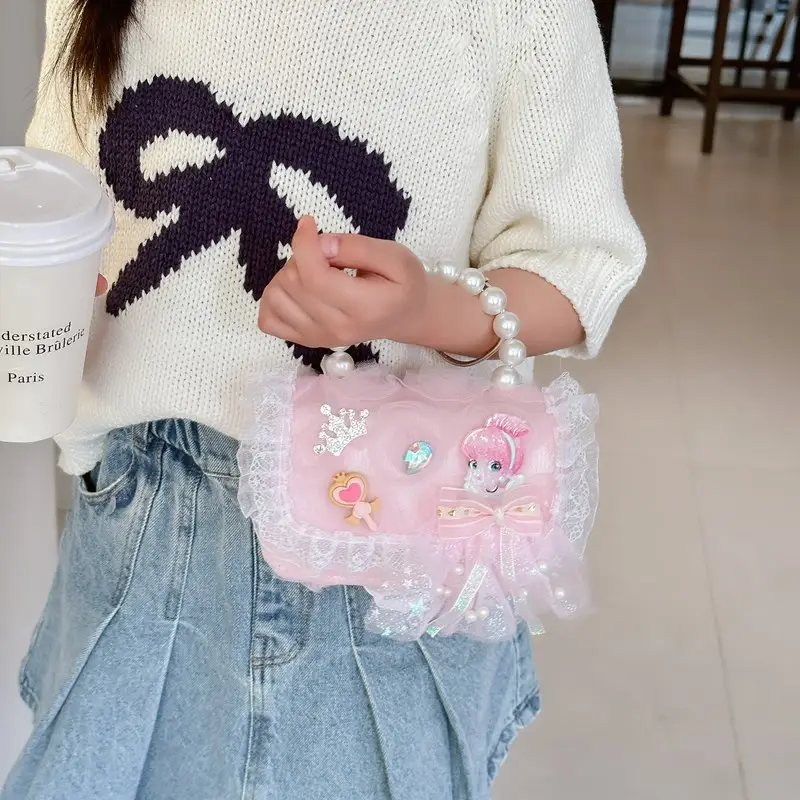 Princess Bow Handbag for Girls Purple Pearl Chain - Image 12