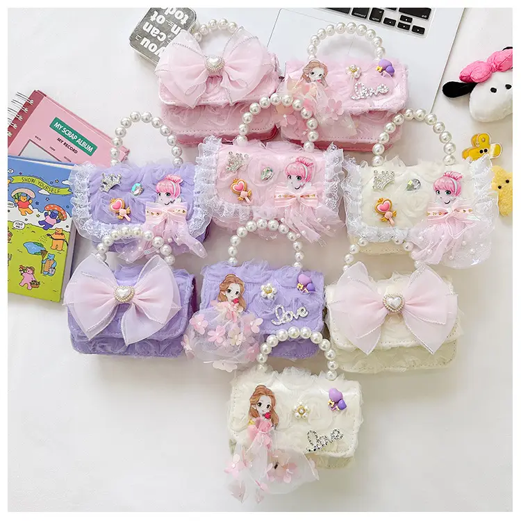 Princess Bow Handbag for Girls Purple Pearl Chain — feature 13