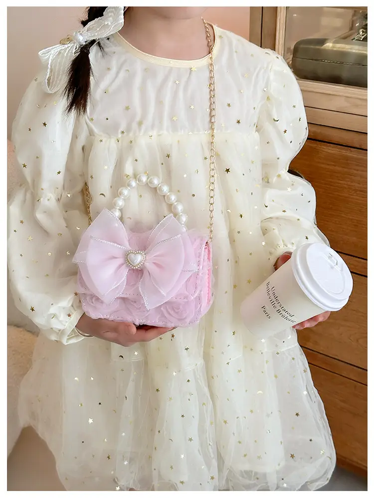 Princess Bow Handbag for Girls Purple Pearl Chain — feature 3