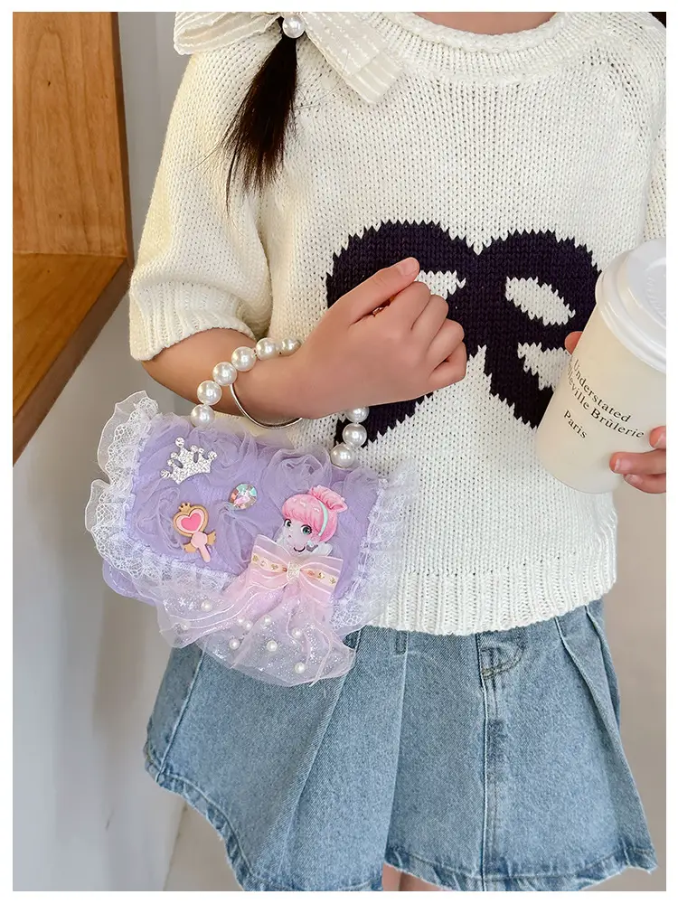 Princess Bow Handbag for Girls Purple Pearl Chain — feature 7